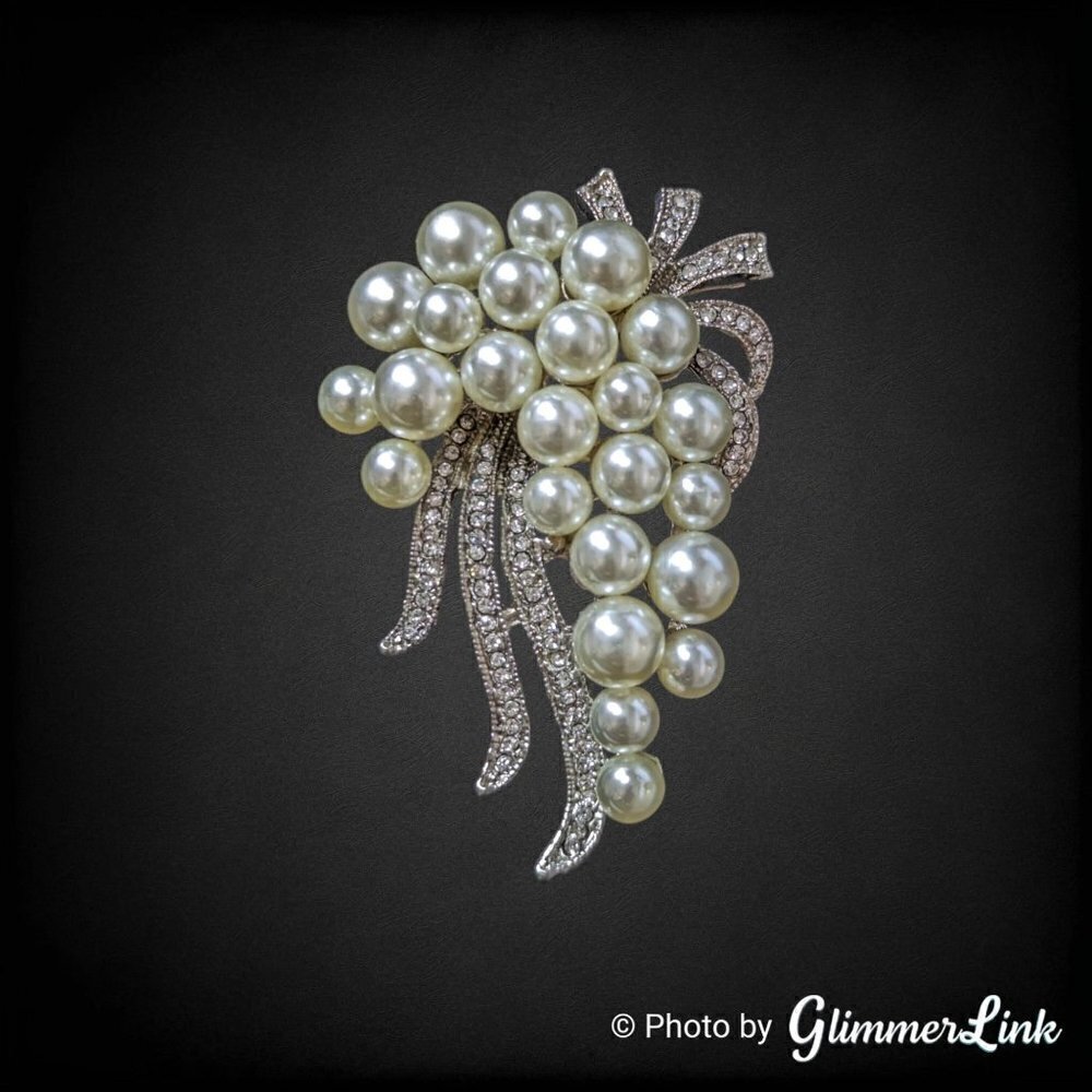 Elegant Faux Pearl Bouquet Rhinestone Ribbons Silver Tone Brooch Bridal Wedding